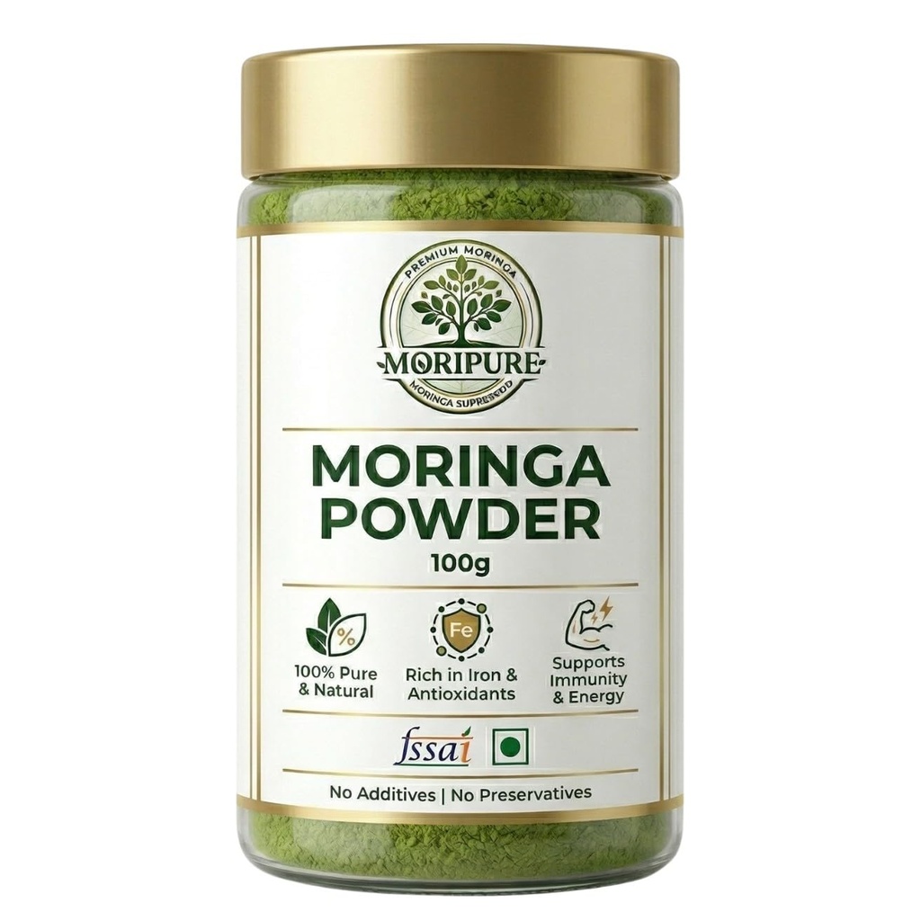 MoriPure Moringa Powder 100g | 100% Natural Moringa Leaf Powder | Rich in Iron, Protein & Antioxidants | Boost Immunity, Energy & Weight Loss | New Recipe & How to use booklet with each order