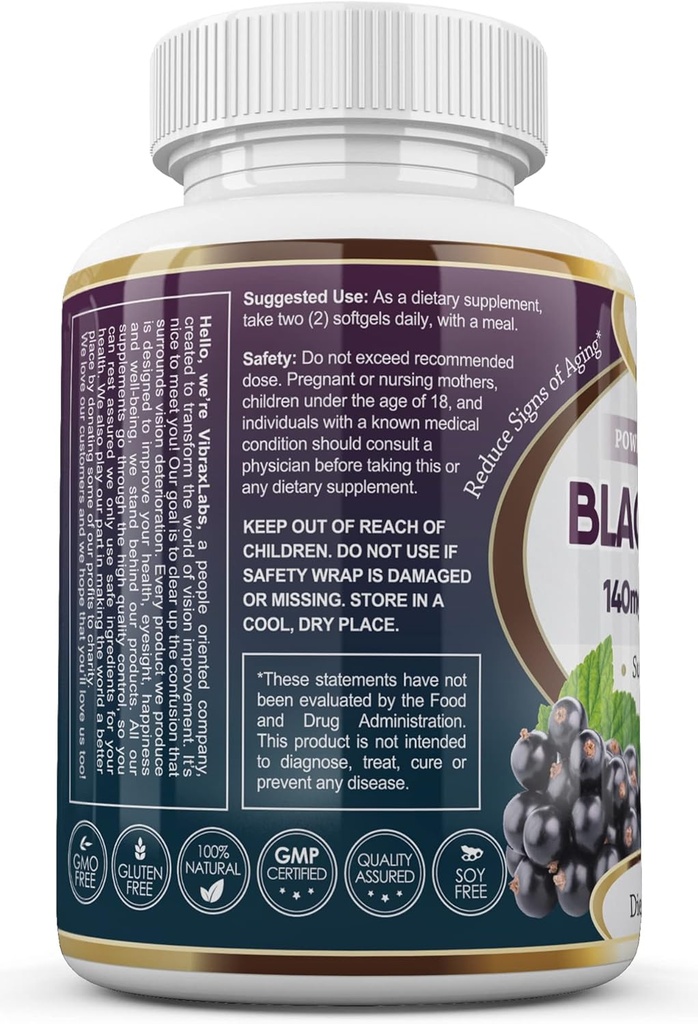 vibraxlabs Black Currant Oil 1000mg - Hexane Free – Antioxydant contre le vieillissement naturel avec haute formule GLA – soutient la santé des cheveux, de la peau, des articulations et des yeux – supplément de softgel de l'huile de graine de Currant noir Premium