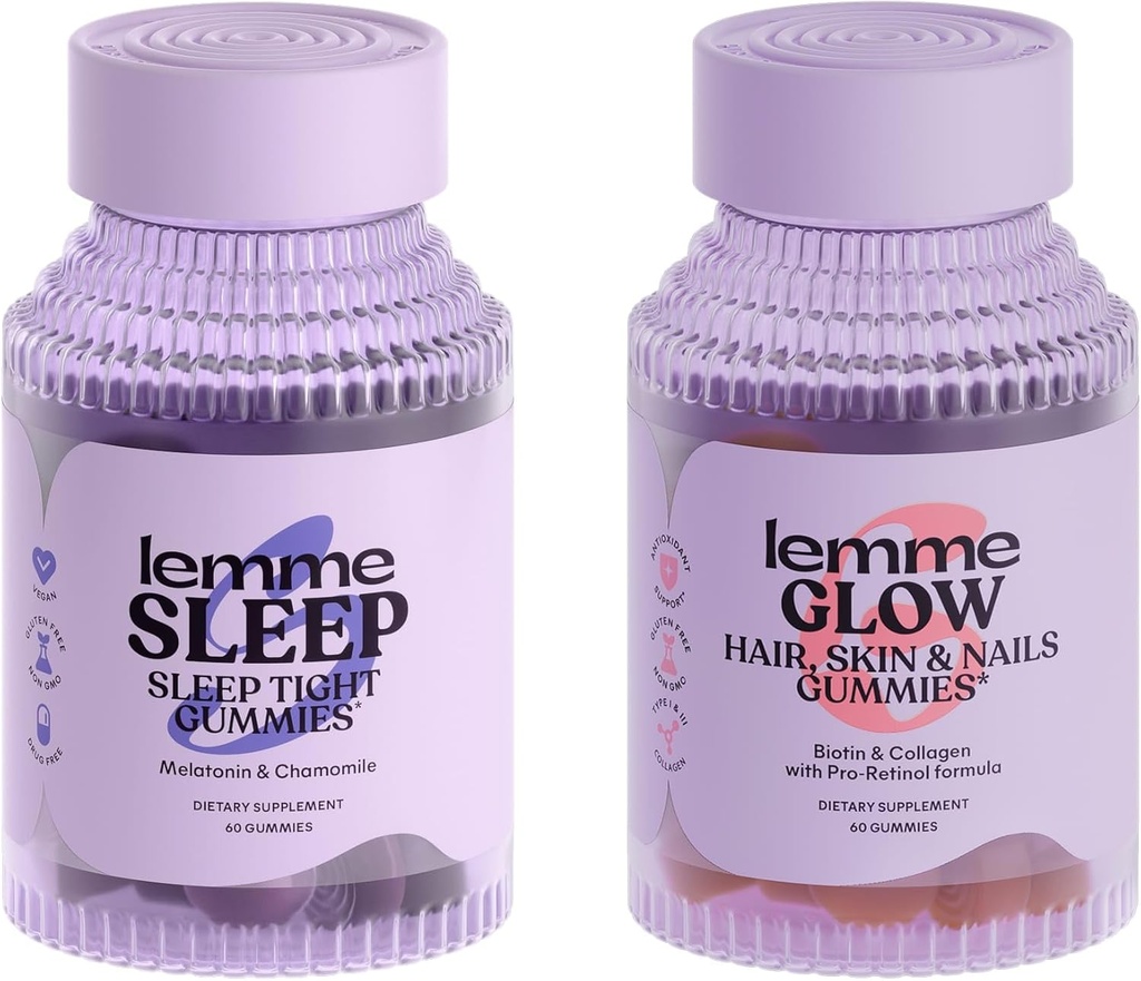 Lemme Sleep & Glow Bundle - Sleep Gummies, une aide de nuit sans drogue & Glow Biotin & Collagen Gommies cheveux pour les cheveux forts, épais et réduit Shedding - sans gluten/gélatine, non-OGM - 60 Ct. Chaque
