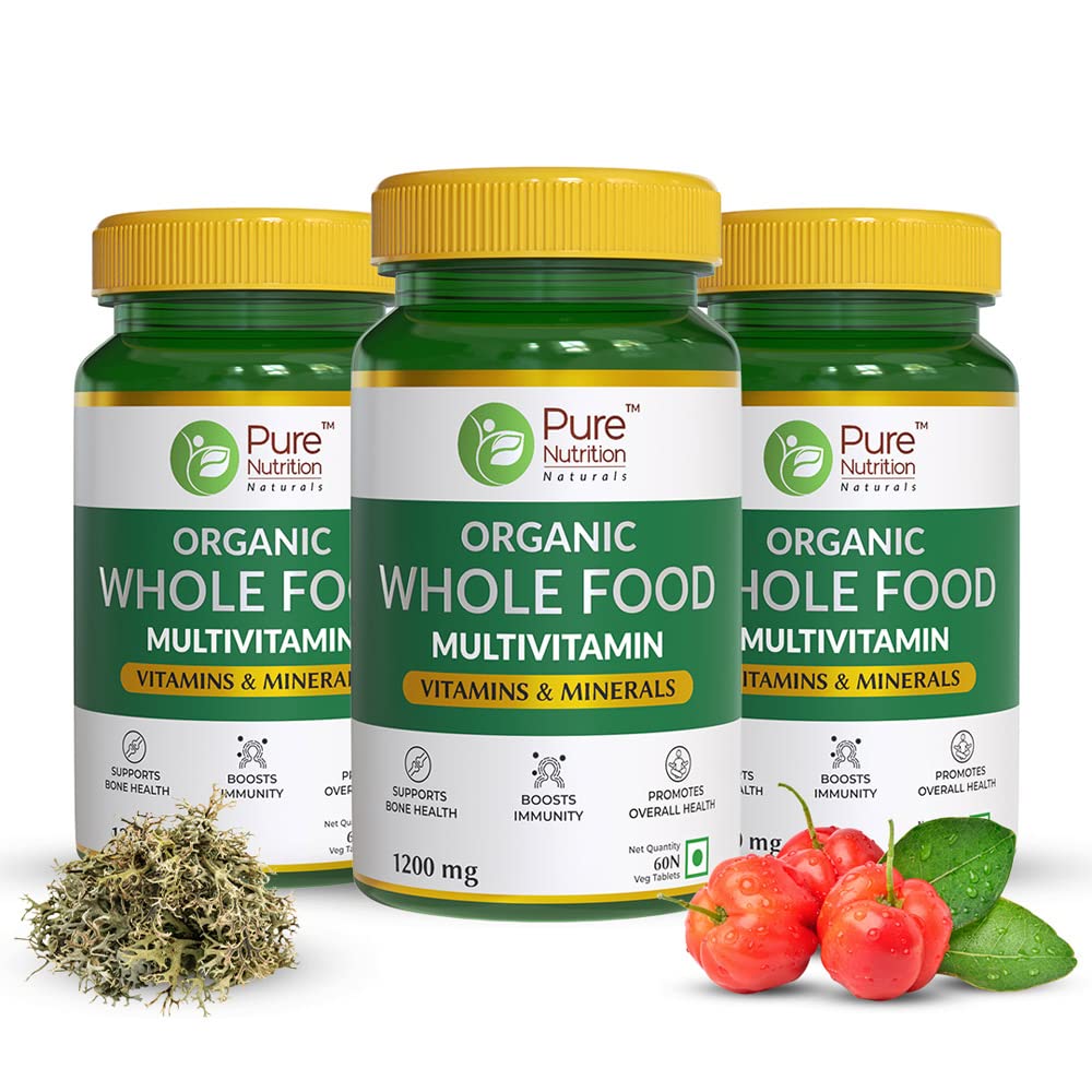 Pure Nutrition Organic WholeFood Multivitamin | Plantbased Vitamin A D3 C E K2 B1 B2 B3 B5 B6 Biotin B12 Iodine Selenium: 100% RDA + Copper Chromium Iron Folic Acid Calcium Magnesium Zinc 180 Veg Tabs