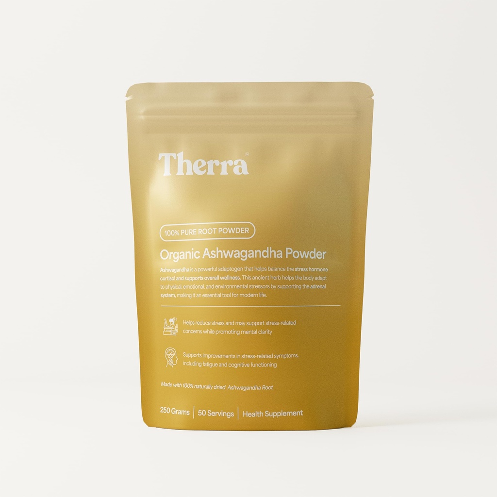 Therra Ashwagandha Powder 250g | 100% Organic & Pure Indian Ashwagandha | Naturally Dried | Helps Reduce Anxiety | Supports Energy, Strength, Vitality & Stress Management | Vegan | Certified Non-GMO