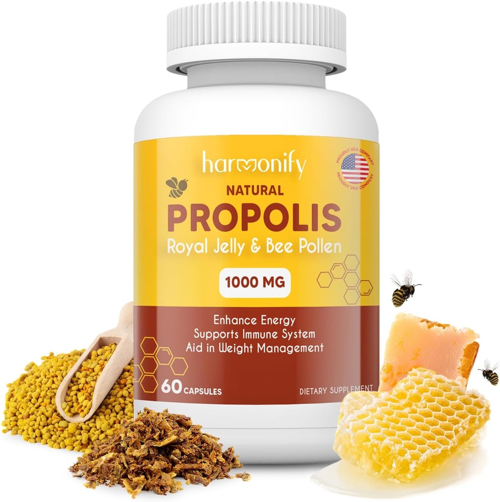 Bee Pollen Propolis Royal Jelly Extract met Carob, Pure Immune Support Supplement, Glutenvrij, Vegetarische Capsules, 1000 mg