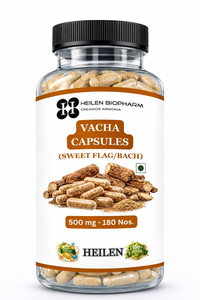 Heilen Biopharm Vacha Powder (Sweet Flag/Bach) Capsules – 500 mg × 180 Capsules | Herbal Dietary Supplement | Natural Wellness Support | GMP & FSSAI Certified