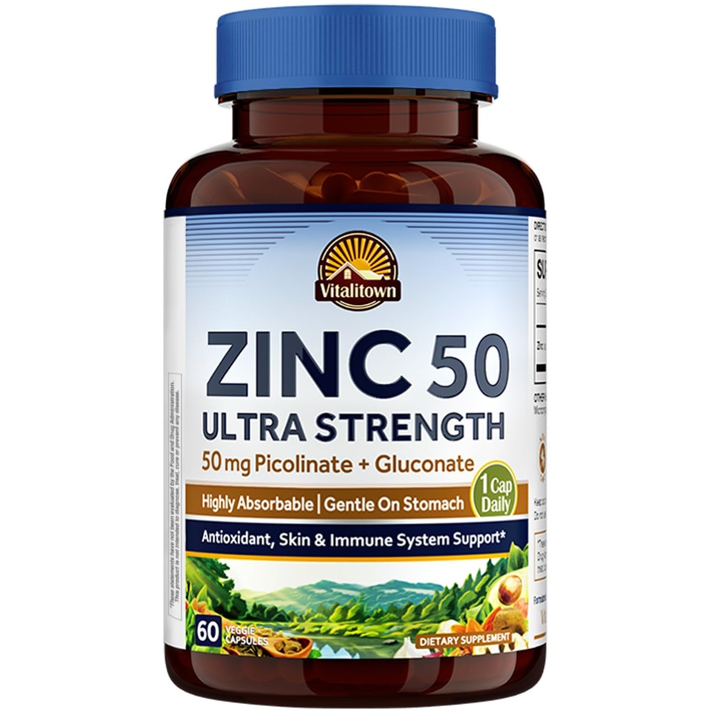 Vitalitown Gecheld Zink 50 mg, Zink Picolinaat & Gluconaat, 60 Veggie Capsules, Goed geasfalteerd, Immuunsysteem, Gezonde Huid en Ontwikkeling, Veganistisch, NO Gluten, Non-GMO