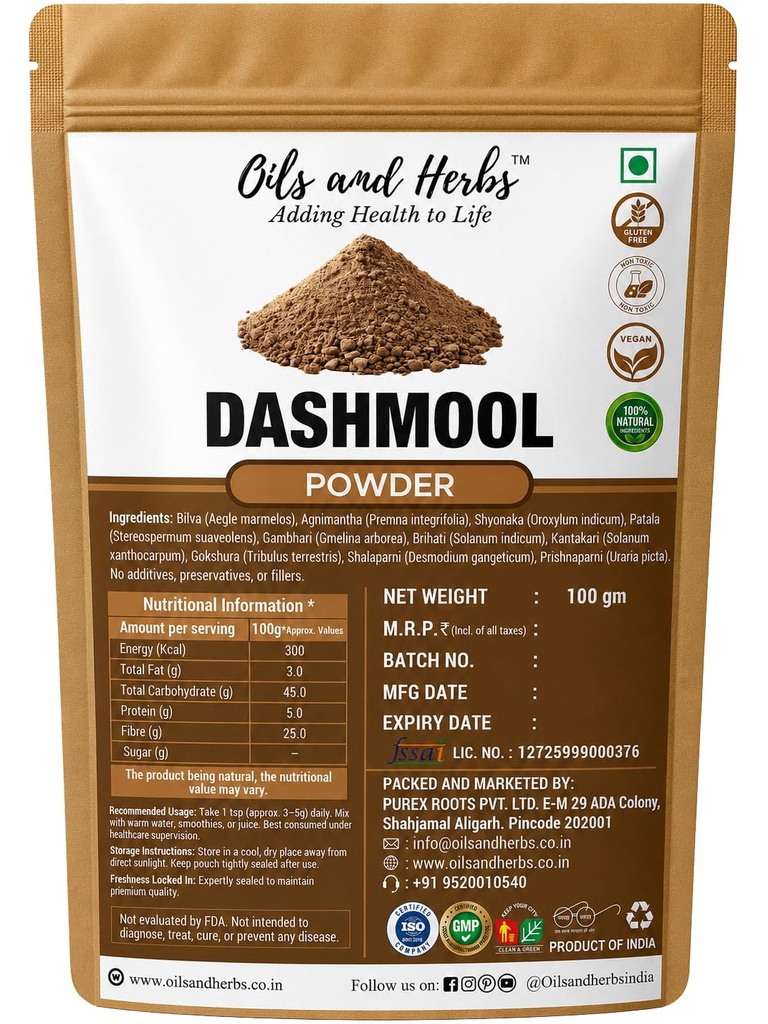 Oils and Herbs Dashmool Powder 100g Ayurvedic Herbal Supplement for Joint Mobility Body Strength and Complete Wellness