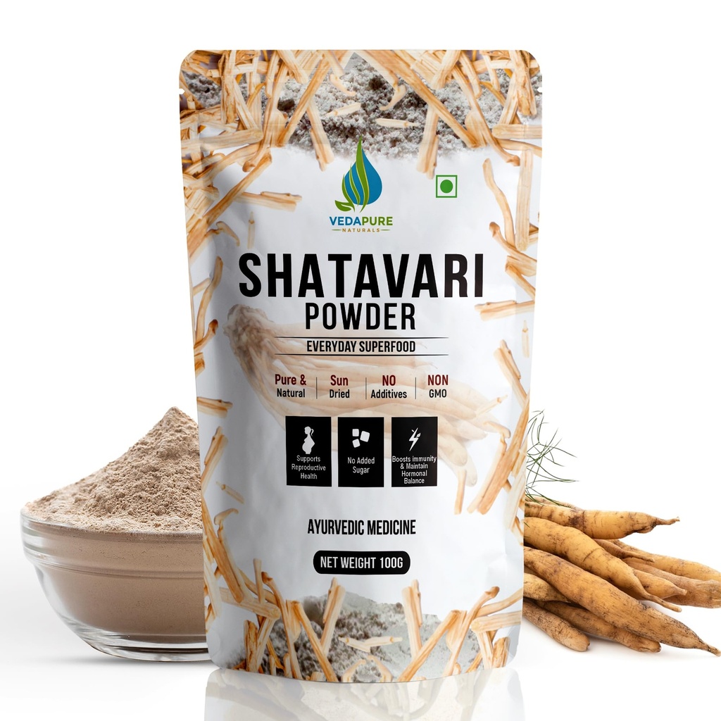 VEDAPURE Organic Shatavari Root Powder 100g | Asparagus Racemosus | Ayurvedic Supplement for Women | Supports Breast Milk Production, Hormonal Balance & Immunity | Non-GMO & Preservative-Free