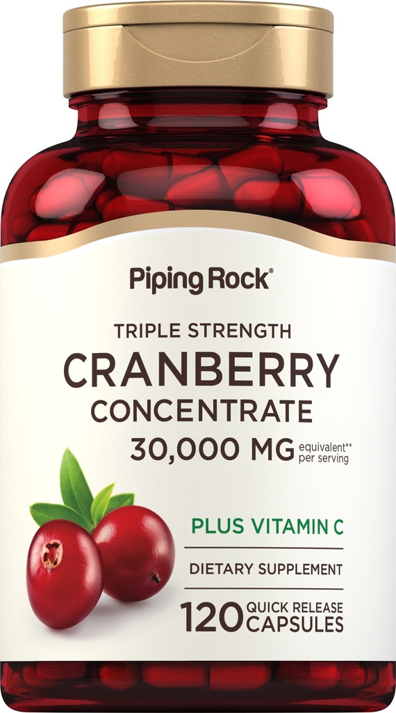 Piping Rock Pilules de canneberges de 120 Capsules de 120 capsules de supplément pour les femmes et les hommes de Triple Strength Concentrate Extract Plus Vitamine C.