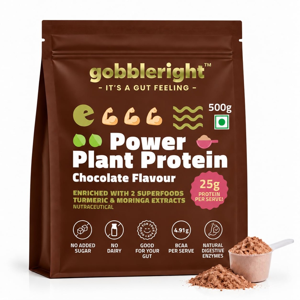 GOBBLERIGHT Plant Protein Powder Chocolate (500g)-28.5g Protein & 4.91g BCAA Per Serve|Isolate & Concentrate Pea Rice Powder with Turmeric & Moringa Extracts|No Added Sugar|Gut Friendly