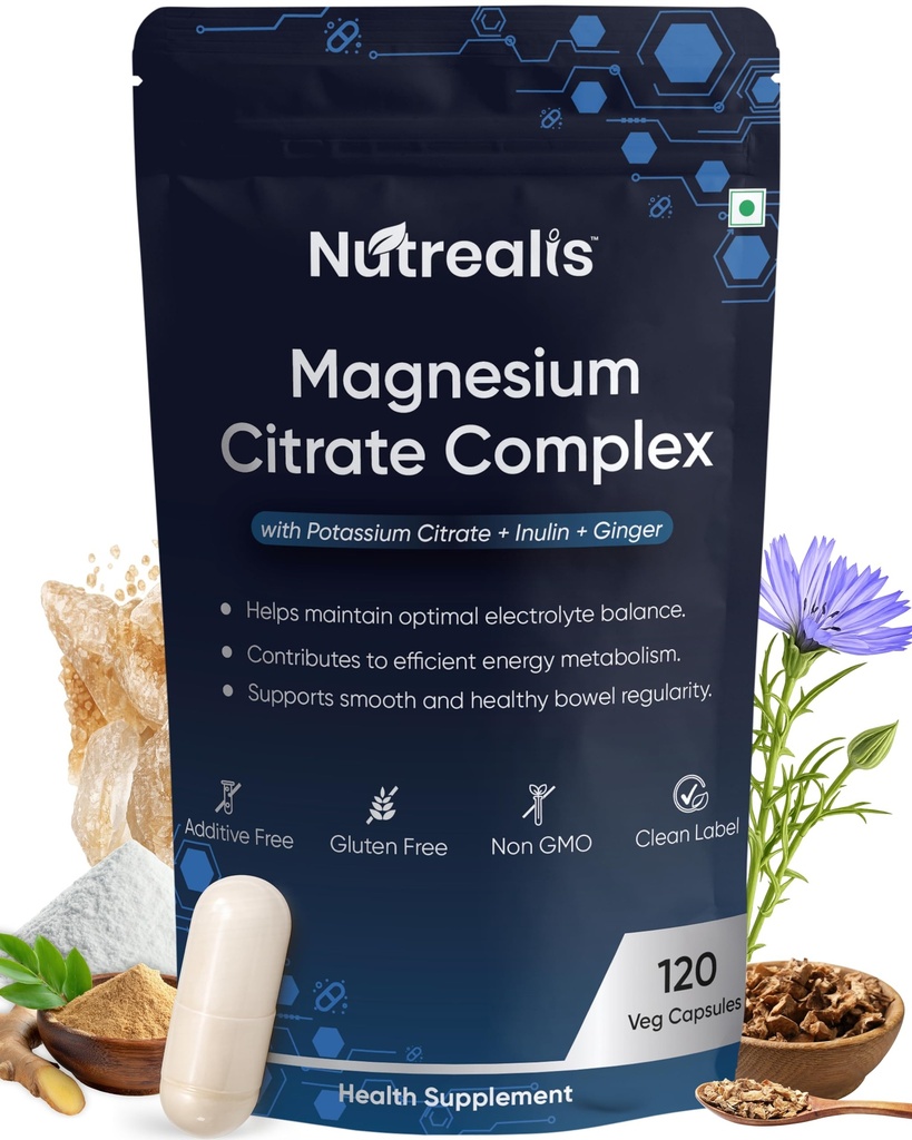 Magnesium Citrate 1000mg | 120 Veg Capsules | Magnesium Supplement with Potassium, Inulin & Ginger | Electrolyte, Muscle, Nerve, Digestion & Energy Support