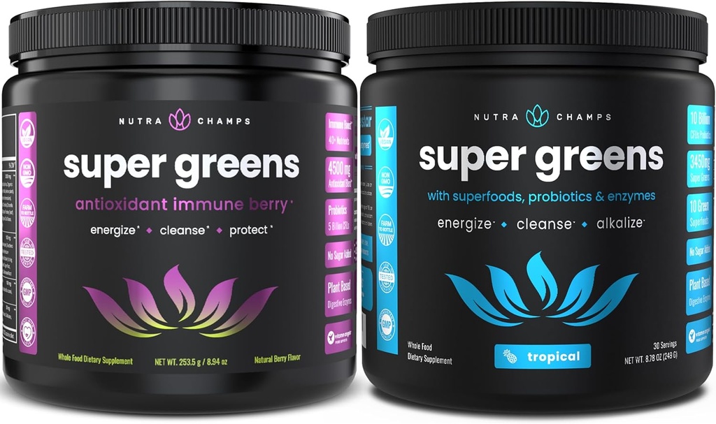 NutraChamps Super Greens Antioxydants et Super Greens Tropical Bundle - 2 mois d'approvisionnement