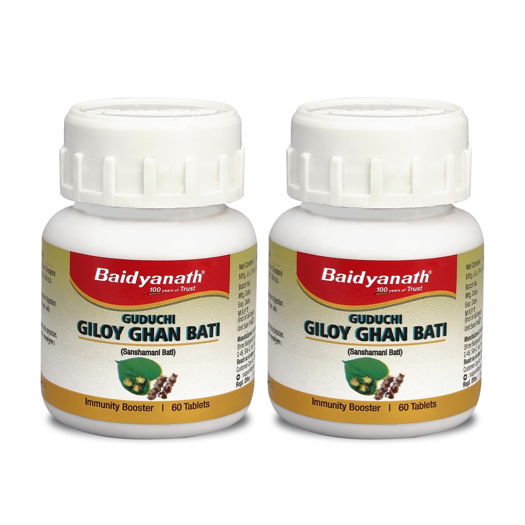 Baidyanath Ayurved Giloy (Guduchi) Ghan Bati - 60 Tabs | Boost’s immunity level | Improves blood formation | Useful in Gout and Joints related problems (Pack of 2)