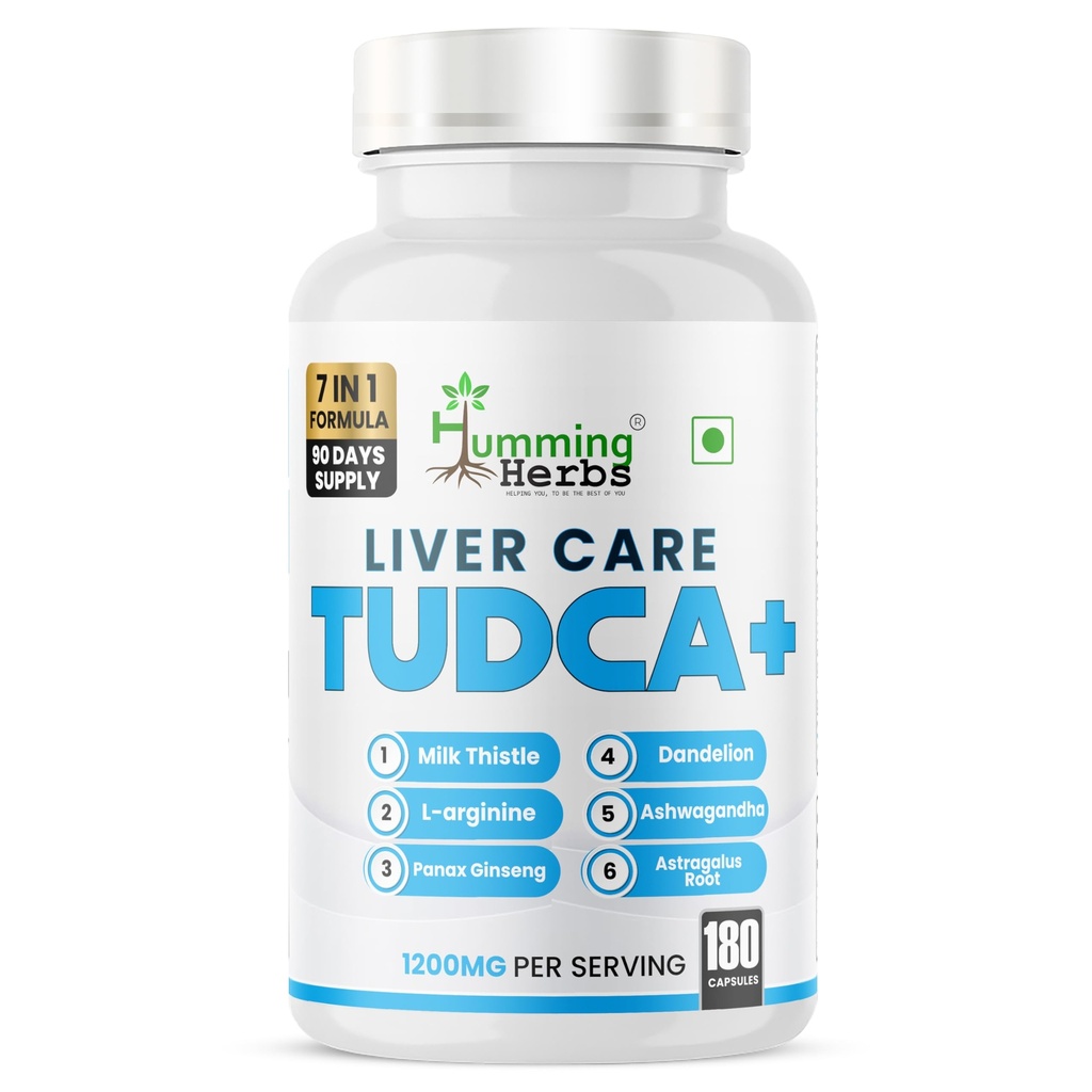 Humming Herbs Liver Care TUDCA+ | 7-in-1 Formula with Milk Thistle, Dandelion & Panax Ginseng | Supports Liver Health & Detoxification | 1200mg per Serving | 180 Veg Capsules