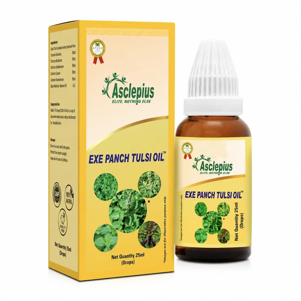 Asclepius EXE Panch Tulsi Oil 25 ML| Ayurvedic Tulsi Drops with 5 Types of Rama, Shyama, Van, Shwet & Sri Tulsi | Herbal Wellness Formula for Immunity & Respiratory Health Support