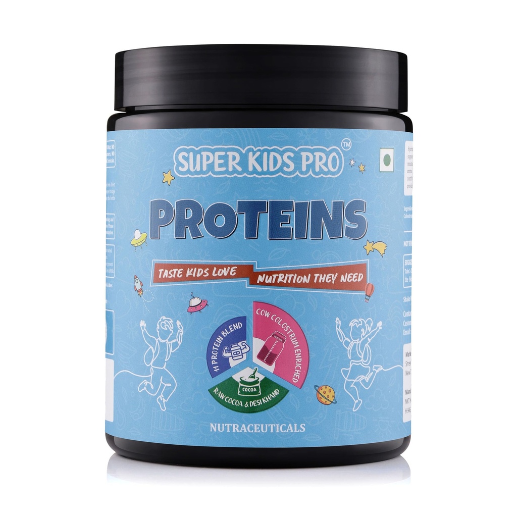 Super Kids Pro Proteins | 50g Blend of Whey, Pea, Brown Rice, Soy & Milk Protein with Cow Colostrum | Raw Cocoa | No Sugar | 300g