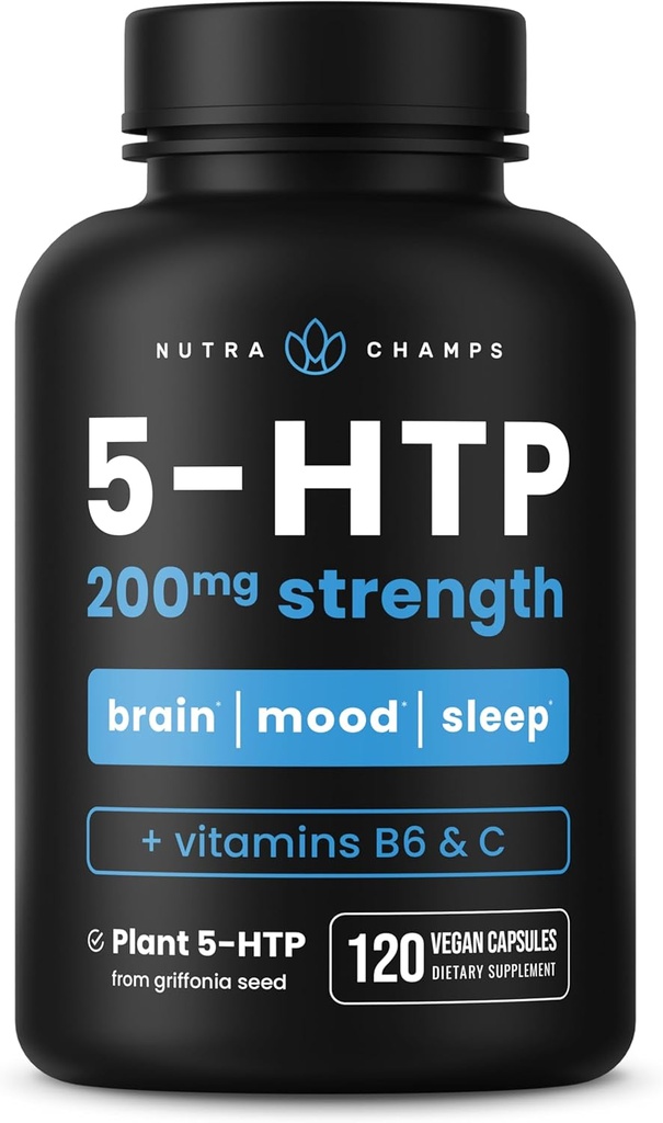 NutraChamps 5-HTP 200mg, 120 Vegan Capsules, Pure 5HTP 100mg Plus Co-Factors Vitamine B6 & Vitamine C