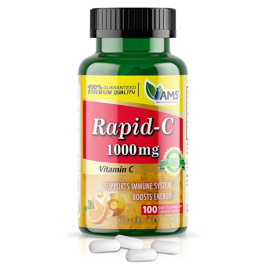America Medic & Science Rapid-C 1000mg Vitamine C Supplement (1 Pack of 100 Tablets) Energy Booster, Daily Immuun System Support, Antioxidant 