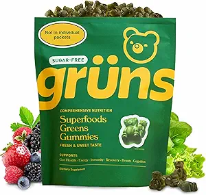Gruns Adult Sugar-Free Super Greens Gummies - Superfood Gummy Bears met Spirulina, Chlorella, Fiber & Prebiotica voor de spijsvertering gezondheid, Adaptogen Supplement met 20 Vitaminen & Minerals, 2 week aanbod