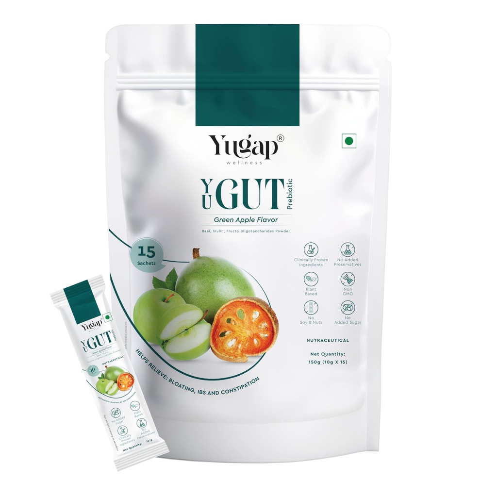 YuGut Prebiotic 4 in1 Fiber Supplement Powder For Gut Cleanse And Digestion Wellness | Powdered By FOSSENCE®, Bael, Inulin | Reduce, Bloating, Acidity & Constipation Reliefs | Plant Based, No Added Sugar (15 Servings) 150g