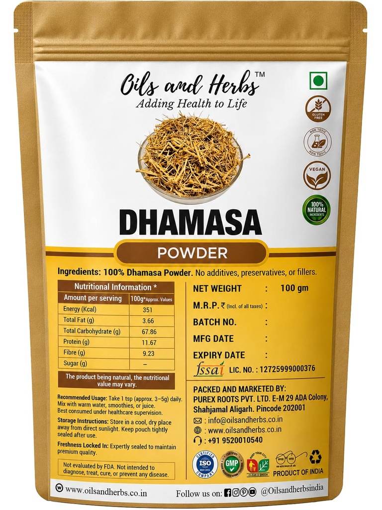 Oils and Herbs Dhamasa Powder 100g Natural Ayurvedic Herbal Supplement for Digestive Balance Body Cleansing and Daily Wellness