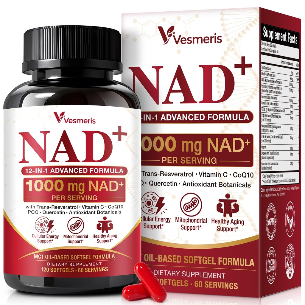 12-in-1 NAD Supplement for Women Men, 120 Vegan NAD+ Plus Softgels, NMN & NMNH Alternative, with Trans-Resveratrol, Quercetin, PQQ, Vitamin C, CoQ10 for Healthy Aging Support, Cellular Energy