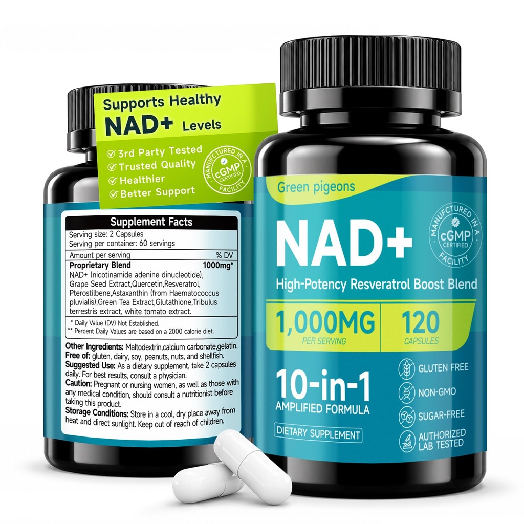 NAD+ Supplement | 10-in-1 NAD Complex 1000mg with Resveratrol, Quercetin, Glutathione, Supports Cellular Energy, Stamina & Healthy Aging for Men & Women, 120 Capsules