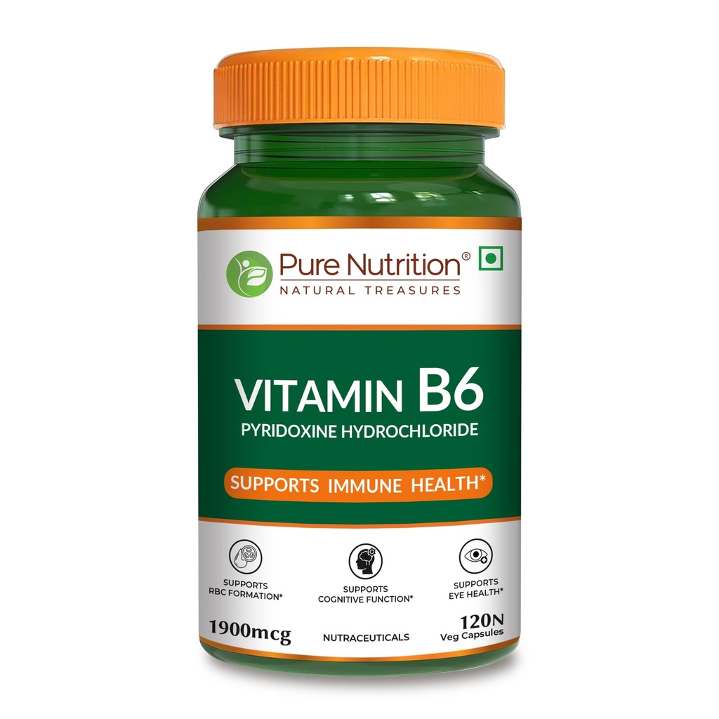 Pure Nutrition Vitamin B6 Supplements Pyridoxine HCl | B6 Vitamin Pyridoxine Hydrochloride Capsules 1900mcg Supports Energy, Immune & Brain Health | Maintains Eye Health & Nervous System Function – 120 Veg Capsules