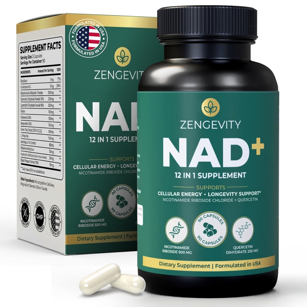 NAD+ Supplement for Women and Men, 12 in 1 NAD Plus Longevity Complex with Nicotinamide Riboside, Resveratrol, Quercetin, Fisetin and L-Theanine, Cellular Energy Support, 90 Capsules