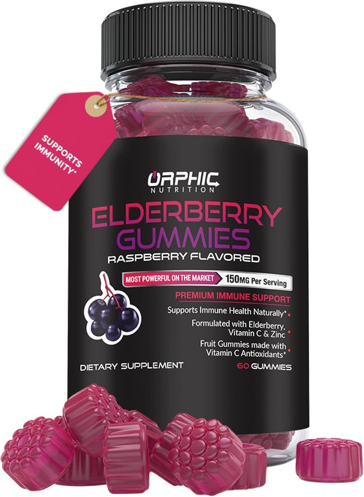 ORPHIC NUTRITION Vlierbes Gummies met vitamine C en zink - 60 Tel - Immune Support Supplement voor mannen, vrouwen en kinderen* - Vlierbes vitamines gemaakt met vitamine C - 100MG vlierbes
