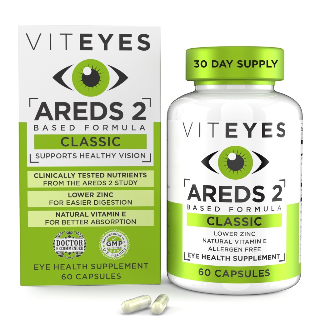 Viteyes AREDS 2 Oogvitaminen, Classic Macular Support, Allergen Free Capsules, met natuurlijke vitamine E, vitamine C, zink, koper, luteïne en zeaxanthine, oogarts vertrouwd, geproduceerd in de VS, 60 Ct