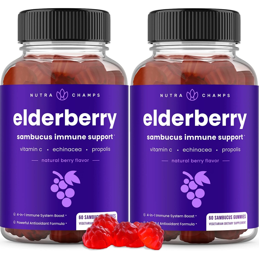 NutraChamps Gommies de mûres aînées, Gommies de mûres aînées de Sambucus pour adultes et enfants, vitamine C, propolis et échinacée, Gommies de soutien immunitaire de Max Strength, fleur de baie naturelle, 120 Gommies (paquet de 2)