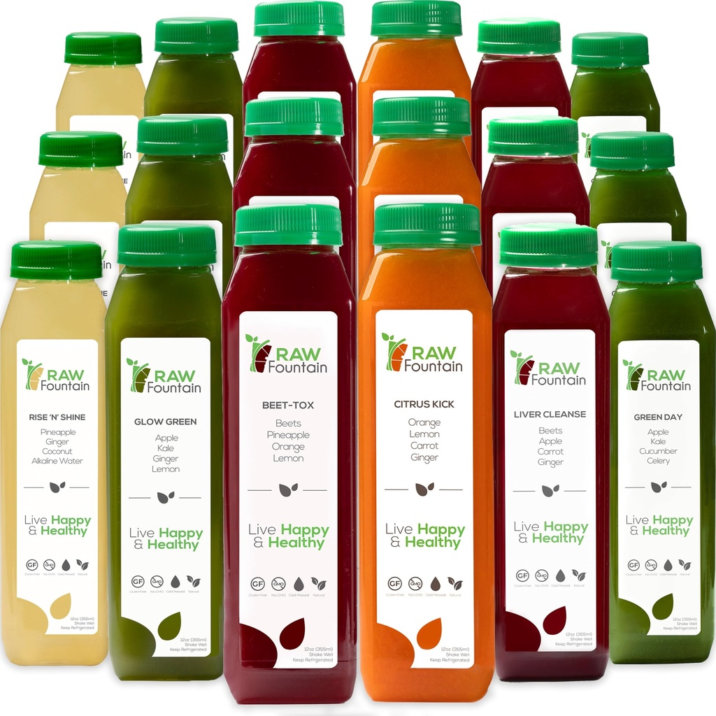 5 dagen sap reiniging door ruwe fontein, alle natuurlijke ruwe detox reiniging, sap voor lichaam rust, koud geperst sap snel, geweldige manier om te springenstart een gezonde voeding, 30 flessen 12oz, 5 gember Shots