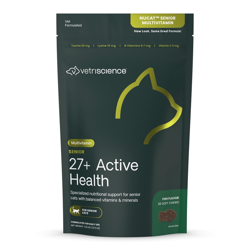 VetriScience Senior 27+ Active Health Kauwen, Nu Cat Dagelijkse Multivitamine voor senior katten, Balanced Vitaminen, Mineralen en Antioxidanten, Gezonde Veroudering en Wellness Ondersteuning, Vis, 30 Tellen