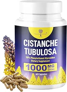 Qualité Biologique Cistanche Tubulosa de 1000mg 60 Capsules de 50% Echinacoside, Actéoside, Tubuloside B de Total Phenylethanoïde Glycosides. Un supplément d'énergie naturelle pour la force, la performance, la vitalité