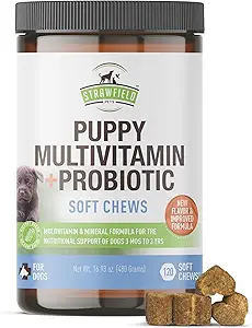 Strawfield Pets' Puppy Multivitamine + Probiotica voor honden Puppy Vitaminen met Joint Support Supplement voor honden & Puppies Tasty Bacon Smaak 120 Zachte Kauwen