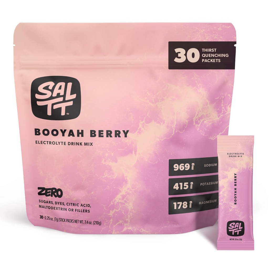 SALTT Elektrolyten Poeder Gearomatiseerde Drank Mix - Booyah Berry - 30 Hydratatie Packets - Magnesium, Kalium, Natrium, Trace Minerals - Zero Sugar & Gluten Free - Reizen Essentials
