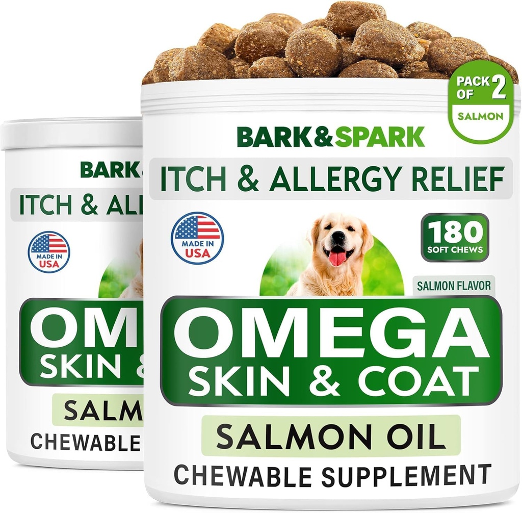 BARK&SPARK Omega 3 voor honden - 360 Fish Oil Treats for Dog Shedding, Skin Allergie, Itch Relief, Hotspots Treatment - Joint Health - Skin and Coat Supplement - EPA & DHA Fatty Acids - Salmon Oil