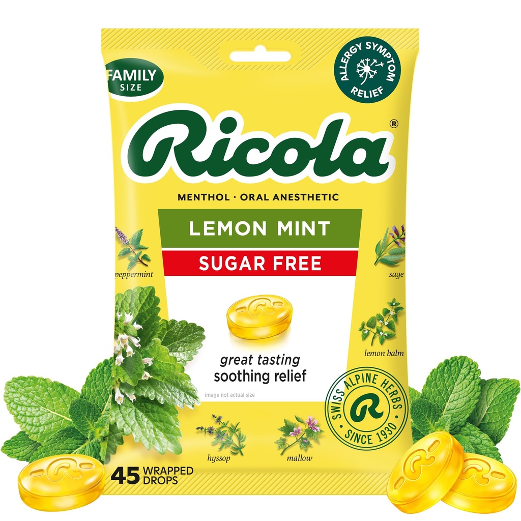 Ricola Suikervrije citroenmunt Keeldruppels, 45 Tel, Verfrissende Verlossing van kleine keel Irritaties, Orale Verdoving