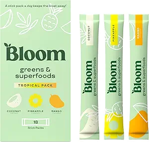 Bloom Nutrition Superfood Greens Powder Stick Packs, Decompensative Enzymes met Probiotica en Prebiotica, Gut Health, Bloating Relief for Women, Chlorella, Green Juice Mix, 18 SVG, Tropical Variety