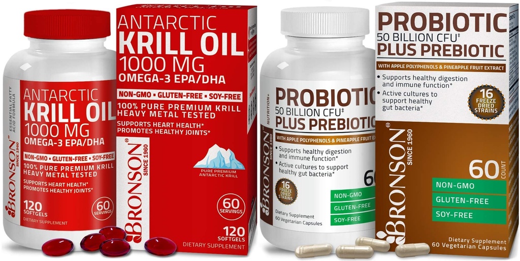 Bronson Probiotic 50 Miljard CFU + Prebiotic with Apple Polyfenols & Ananas Fruit Extrac Antarctic Krill Oil 1000 mg with Omega-3s EPA DHA
