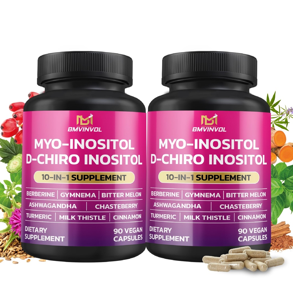 BMVINVOL 2 Pack Inositol Supplement-Myo-Inositol en D-Chiro Inositol Ideaal 40:1 Ratio - Plus Berberine, Kaneel, Ashwagandha+5 Meer-60 dagen aanbod