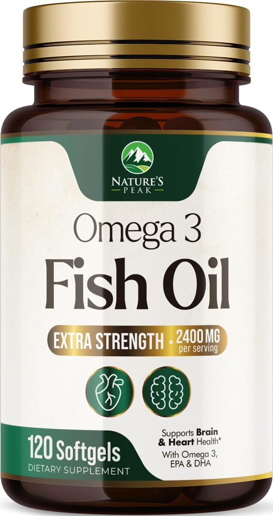 Omega 3 Visolie 2400 mg Supplement, duurzaam opgewekt, Triple Strength Omega-3 Supplement Softgels, Hersengezondheidsondersteuning, EPA & DHA Visolie Vetzuren Supplementen, Gluten & GGO Vrij, 120 Softgels
