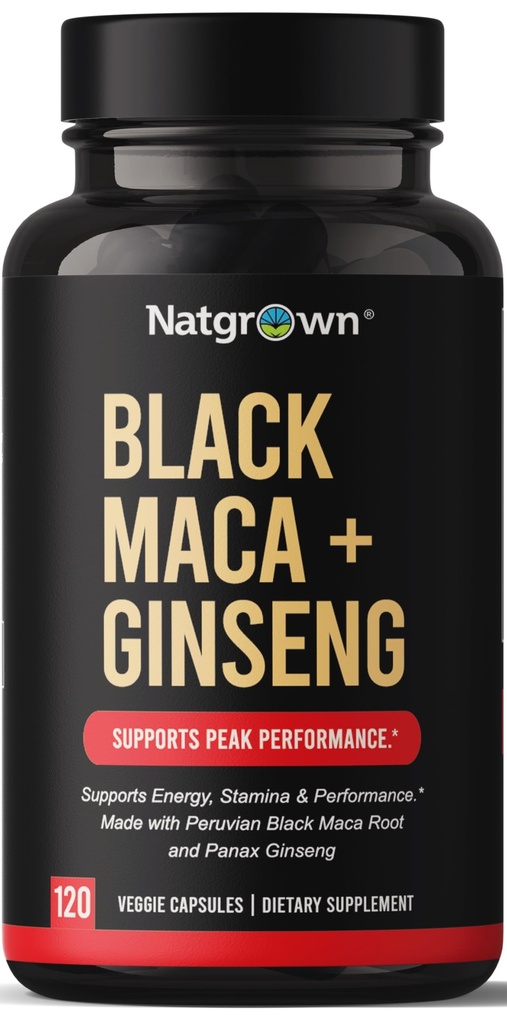 Natgrown Black Maca Root + Panax Ginseng Powder Capsules 1500 mg met Black Peruvian Maca Root & Korean Panax Ginseng Supplement for Men and Women - Vegan Pillen (120 Tellen)