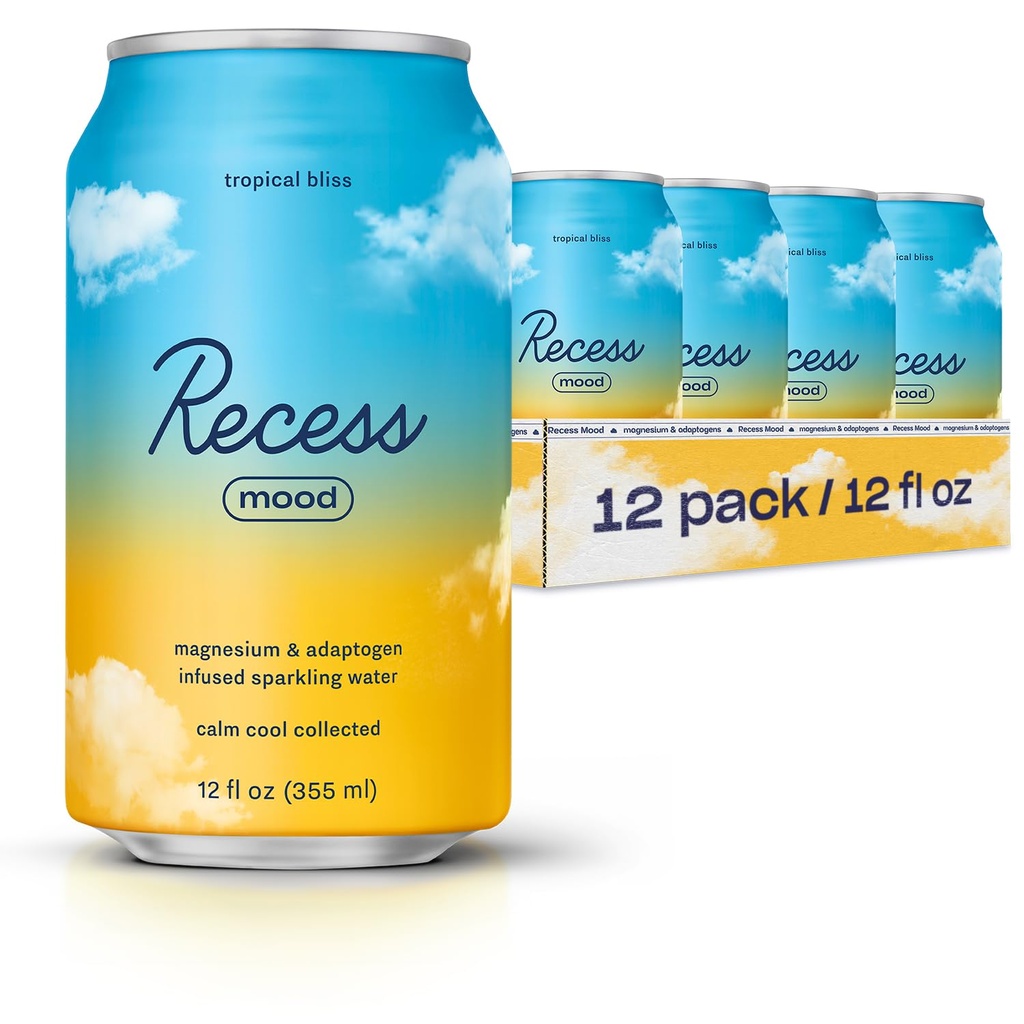 Recess Mood Magnesium & Adaptogen Drink, Relaxatie Drank, 12 Ounce (Tropical Bliss, 12 Pack)