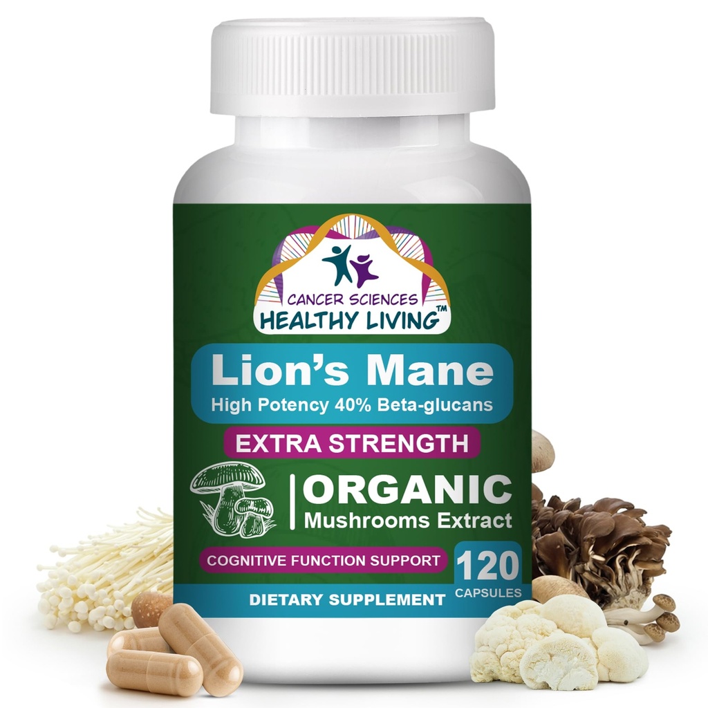 Cancer Sciences Organic Lions Mane Mushroom Supplément Capsules pour les hommes et les femmes - 1500mg Cerveau Suppléments pour la mémoire et le focus - Haute puissance 40% Beta-Glucans - Complexe de champignons nootropes, 120 Comte