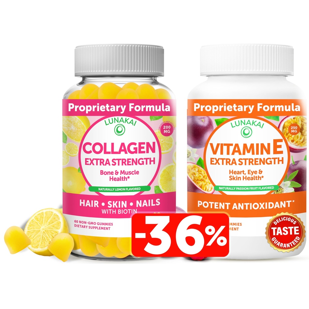 Lunakai Collageen and Vitamin E Gummies Bundle - Non-GMO Anti Aging Supplements for Men & Women - Natural Gummy with Vitamin C & 250 mg Natural VIT E