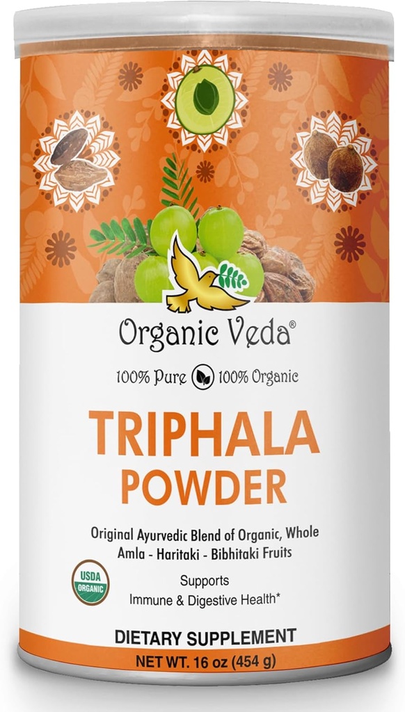 Biologische Veda Triphala Powder met Amla, Haritaki, Bibhitaki Fruit - 100% Natuurlijke Ayurvedische Triphala Powder - Verbetert Immune Support, Digestie, Colon Reiniging, Huidgezondheid - Vegan, Non-GMO - 16oz