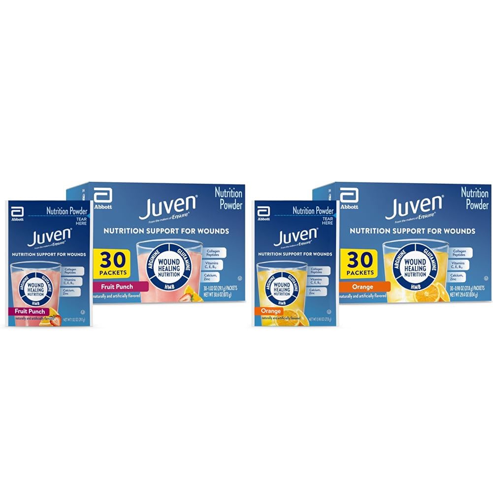 Juven Therapeutische Voeding Drinkmix Powder for Wound Healing Support, Includes Collageen Protein, Orange 30 Telling & Fruit Punch 30 Telling, 60 Totaal Pakketten