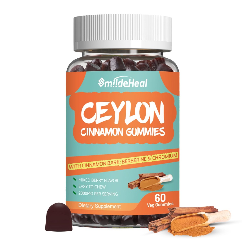 Ceylan sans sucre Gommies de cannelle 2000MG, supplément de cannelle avec le chrome et l'écorce de cannelle, végétalien, non-OGM, sans gluten, 60 gommies
