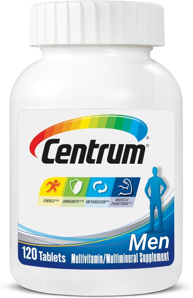 Centrum Multivitamine voor mannen, Multivitamine/Multimineral Supplement met Vitamine D3, B Vitaminen en Antioxidanten, Glutenvrij, Niet-GMO Ingrediënten - 120 Tel.