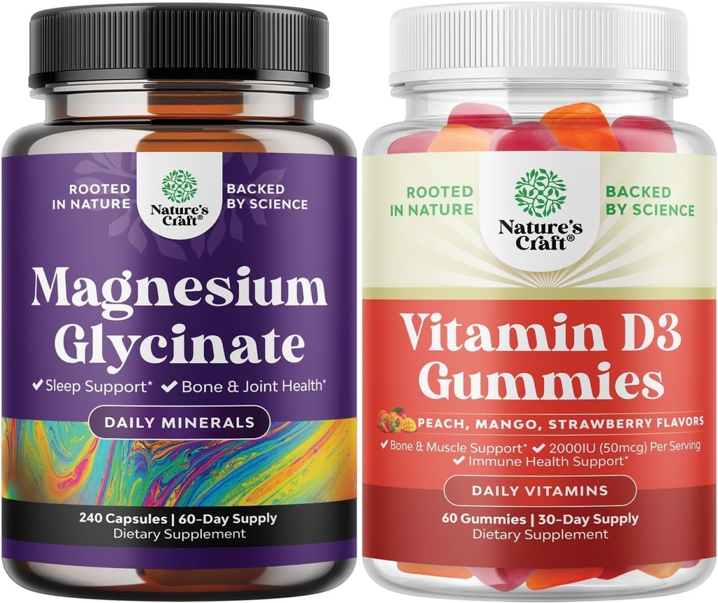 Bundel van Pure Magnesium Glycinate 400mg per portie voor slaap en ontspanning 240ct en vitamine D3 Gummies voor dagelijkse wellness of botspieren & Immune Ondersteuning
